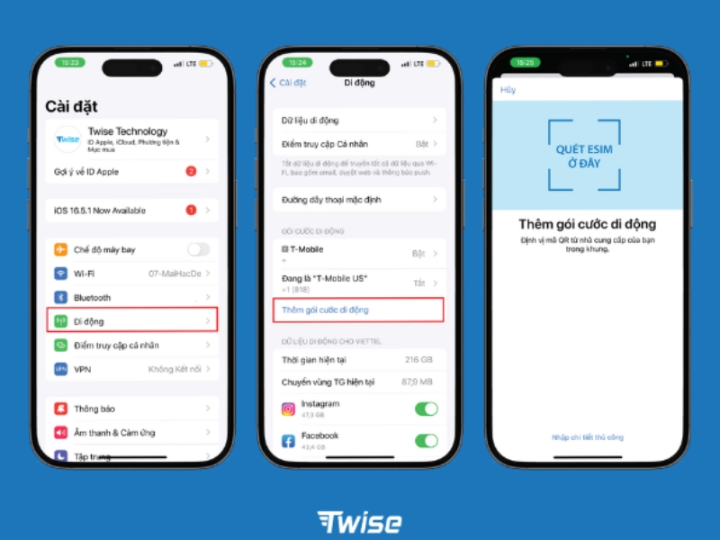 Quét mã QR và cài đặt eSIM trên thiết bị iPhone