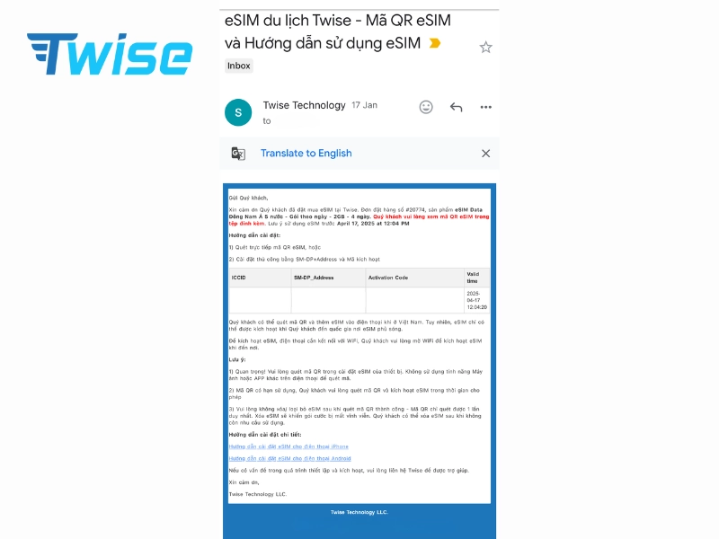 Nhận mã QR từ email đã đăng ký