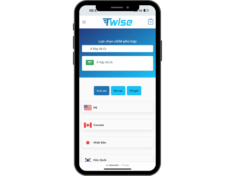 Truy cập trang sản phẩm eSIM Ả Rập Saudi của Twise