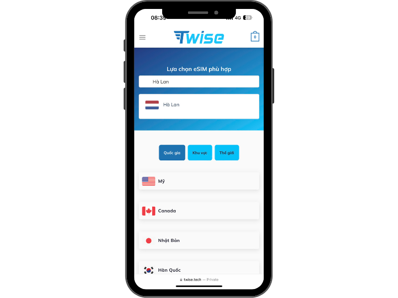 Truy cập trang web Twise và chọn gói eSIM Hà Lan