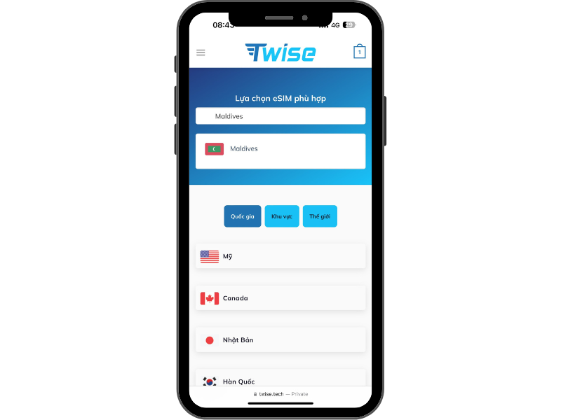 Truy cập website Twise và tìm kiếm điểm đến trang eSIM Maldives