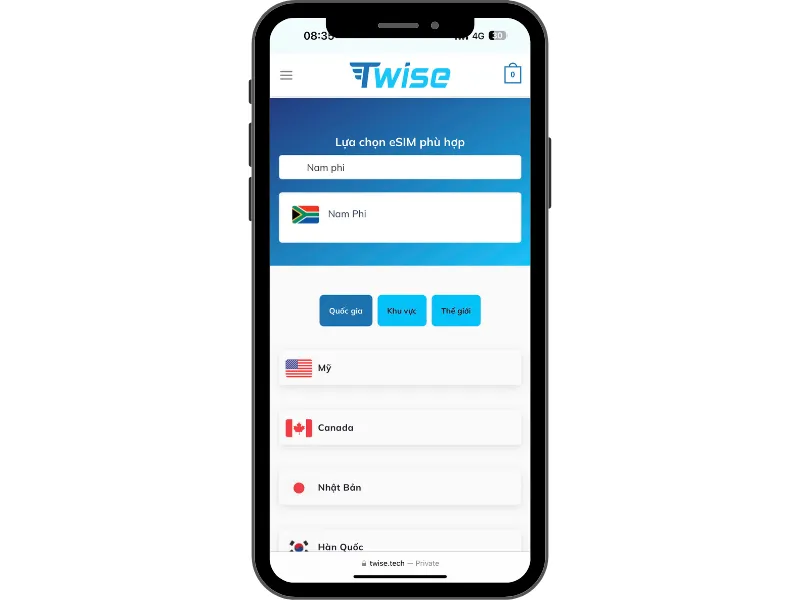 Truy cập trang web Twise và chọn gói eSIM Nam Phi